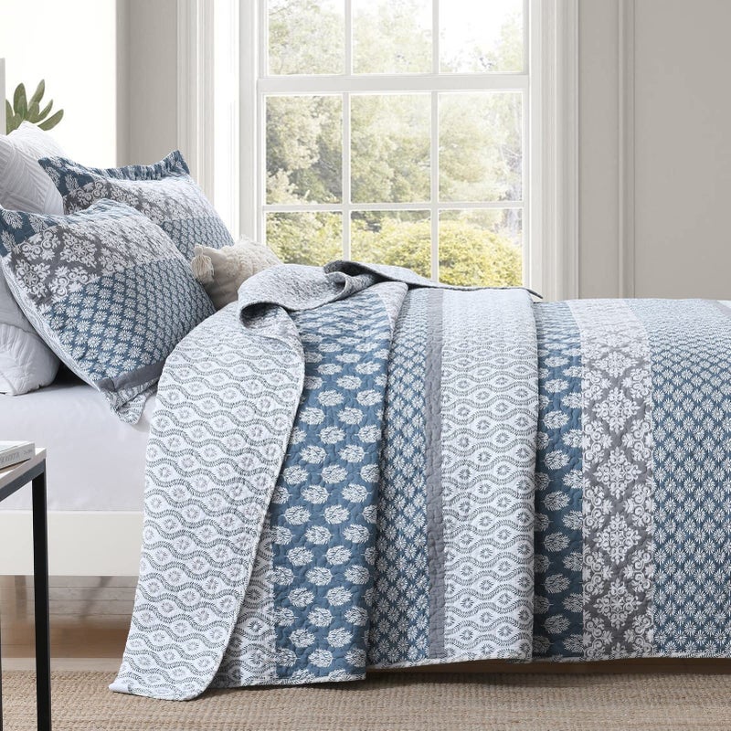 DDUOXIN Floral Quilt Queen Size - 100% Cotton Reversible Queen Quilt with 2 Pillow Shams, Farmhouse Soft Bedspreads Lightweight Stripe Quilts Bedding Set, Country Blue/Grey - Image 2